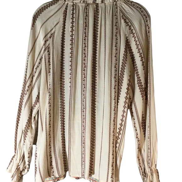 Savana Jane Floral Ivory Long Sleeve Top Embroidered Split Neck Striped Peasant - Picture 3 of 4